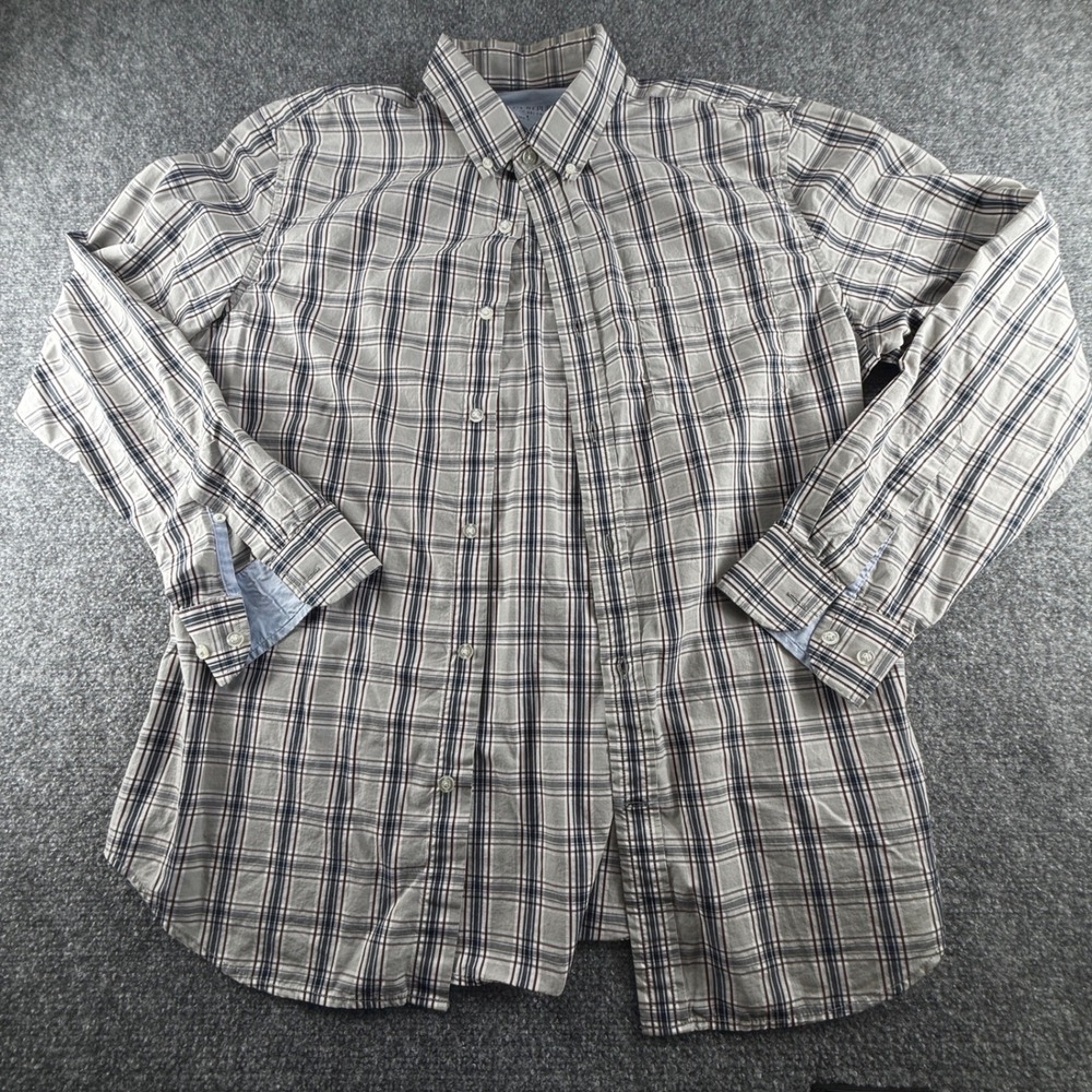 Banana Republic Luxe Poplin Grant Slim Fit Plaid Shirt Mens Large Grey Blue L